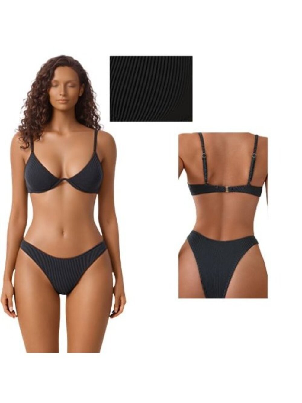 A7 🆕Small Black Underwire Triangle Bikini Ribbed Cheeky 2 Piece Set NWOT